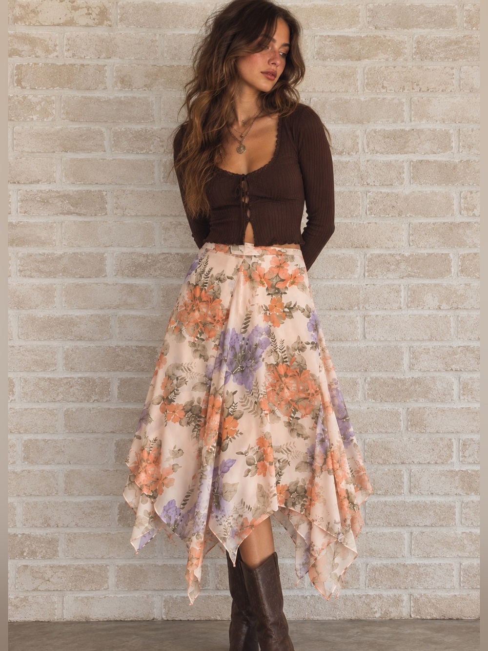 Vintage 90s Rena Rowan Floral Handkerchief Hem Midi Skirt Fairycore Boho Sz 12